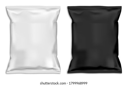 Snack bag mock up. White pillow pouch coffee blank. Plastic food sachet template design for candy. Advertising ready packet or sack illustration for potato, sugar or tea. Clear container