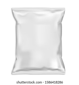 Snack bag pillow pouch mock up. White food pack blank. Foil sachet vector template isolated on backaground. Plastic polythene closed 3d container ready for advertising. Potato chip packet