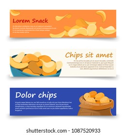 Snack banners template of set with potato chips. Vector illustration