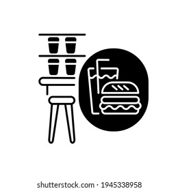 Snack bar black linear icon. Onboard restaurant wagon for passengers. Railroad transportation service outline symbol on white space. Counter with drinks and fast food vector isolated illustration