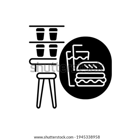 Snack bar black linear icon. Onboard restaurant wagon for passengers. Railroad transportation service outline symbol on white space. Counter with drinks and fast food vector isolated illustration