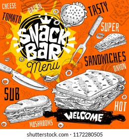 Snack Bar Cafe Restaurant Menu. Vector Sandwiches Fast Food Poster Cards For Bar Cafe. Design Template, Logo, Emblem, Sign, Crown, Welcome Vintage Hand Drawn Vector Illustrations.