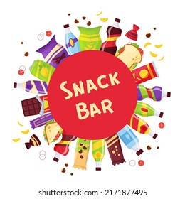 Snack Bar Circle Banner, Fast Food und Getränke Produkte. Getränkeflaschen, Sandwich in Packung, Limonade und Saft. Lebensmittelgeschäfte Elemente für Marktdesign, Cartoon-Stil Vektorgrafik.