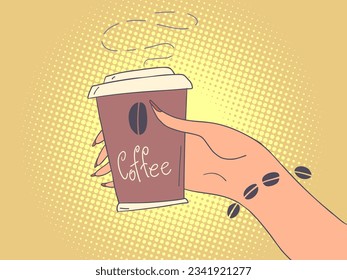 Snackbar mit köstlichen und heißen Getränken. Qualitativ hochwertige Kaffeemaschine. Eine Hand der Frau hält eine Tasse Kaffee.