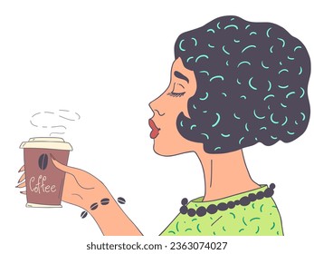 Snack bar with delicious and hot drinks. Delicious coffee in the morning. A womans hand holds a cup of coffee.