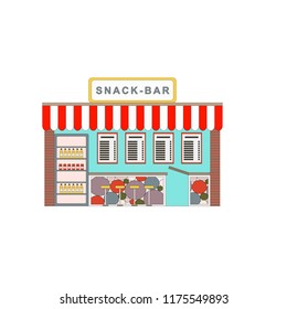 Snack Bar Icon Front View In Cartoon Style. Vector Illustration