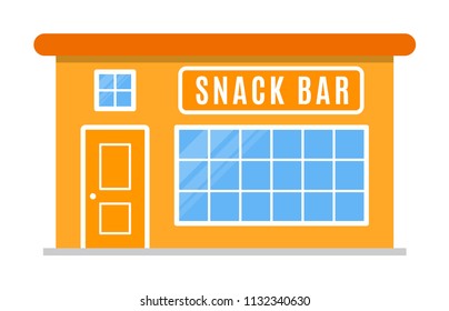 Snack bar icon, symbol. The facade of the building in flat style. Sign of the house is orange  color. Stylish cartoon image. Vector illustration isolated on white background