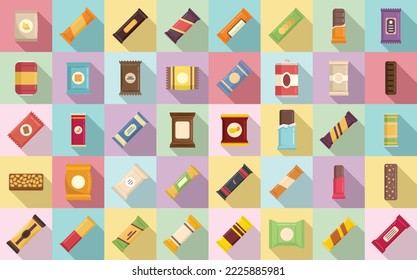 Snack bar icons set flat vector. Candy product. Snack bar food