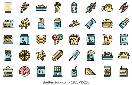 Snack bar icons set. Outline set of snack bar vector icons thin line color flat on white