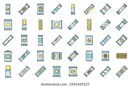 Snack bar icons set outline vector. Candy product. Snack bar food color line isolated