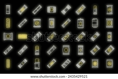 Snack bar icons set outline vector. Candy product. Snack bar food neon isolated