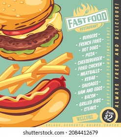 Snack Bar Menu Design Mock Up With Burger, Hot Dog And French Fries. Fast Food Restaurant Promo Flyer. Food Vector Graphic.