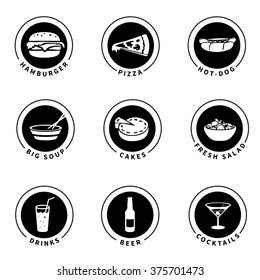 Snack bar / restaurant menu items. Food & drink icons.
