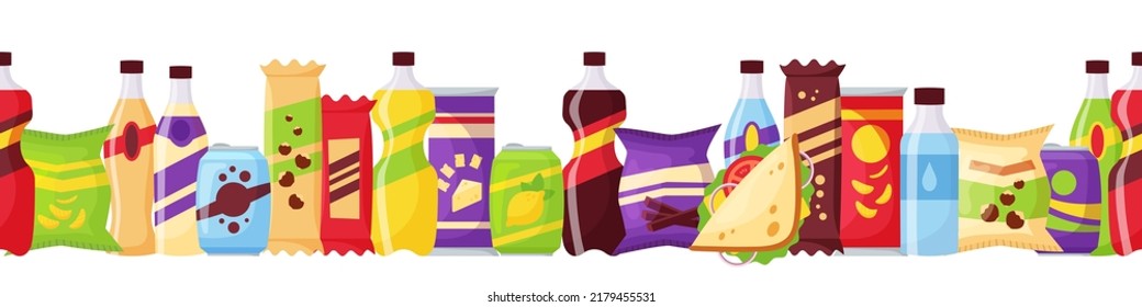 Snack bar seamless pattern, fast food and drinks products. Beverage bottles, sandwich in pack, soda and juice. Food store elements for market design, cartoon style vector.