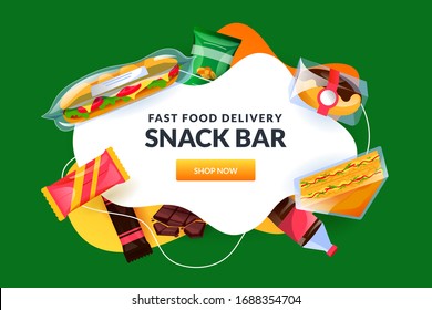 Snack Bar White Frame With Sandwich In Packet, Packages Of Sweet Candy And Chocolate. Fast Junk Food Vector Background. Meal Banner, Poster Design Template With Copy Space