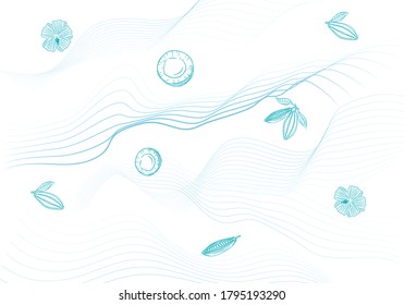 Snack bar wrap design template vector with cocoa and coconut icons. Blue and white lines.