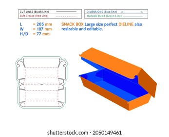 Snack box Large size perfect dieline 205 x 107 x 77 mm Size or burger box Die-cut template Self Asembly Eco-friendly, No Glue Needed box, Fast Food Burger Box