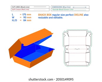 Snack box regular size perfect dieline 175 x 90 x 84 mm Size or snack box Die-cut template Self Asembly Eco-friendly, No Glue Needed box, Fast Food Burger Box