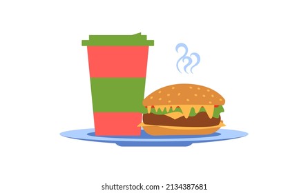 Snack with a burger, fast food. Improper nutrition. Burger and cola, coffee or tea
