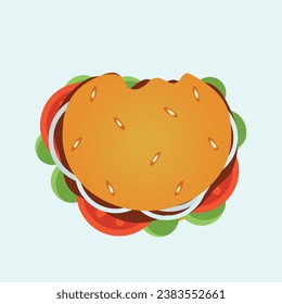 Hamburguesa con cebolla, lechuga y tomate sobre fondo claro. Vista superior. Vector. EPS10