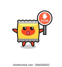 snack character illustration holding a stop sign , cute style design for t shirt, sticker, logo element