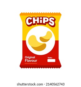 snack chips bag plastic packaging design illustration icon for food and beverage business, potato snack branding element logo vector. 