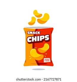 snack chips bag plastic packaging design illustration icon for food and beverage business, potato snack branding element logo vector. 