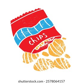 Snack chips bag plastic packaging design illustration textured for food and beverage business, potato snack branding element vector.