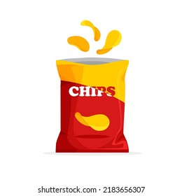 Snack chips are poured in the package. Food packaging template. Vector illustration isolated on white background.