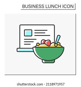 Snack Farbe Symbol. Mittagessen am Arbeitsplatz. Geschmackvolles Essen in der Nähe von Laptop während des Arbeitsprozesses. Business Lunch Konzept. Einzelne Vektorgrafik