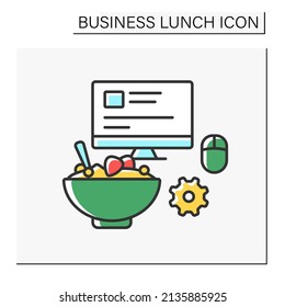 Snack color icon. Lunch at workplace. Tasty meal near computer screen. Business lunch concept. Isolated vector illustration