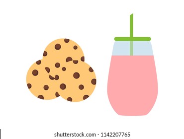 Snack: cookies with chocolate and juice or smoothies. Vector cartoon illustration. Food for children.