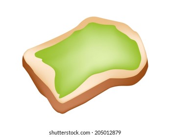 Snack and Dessert, Delicious Homemade Freshly Baked Bread Topped With Pandanus Custard Cream Isolated on White Background. 