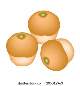 Snack and Dessert, Delicious Homemade Freshly Bun Bread Filled With Pandanus Custard Cream Isolated on White Background. 