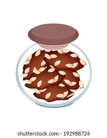 Snack and Dessert, Homemade Chocolate Cookies or Biscuits with Almonds in A Glass Jar. 