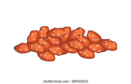Snack and Dessert, A Pile of Caramelised Peanuts with Sesame on A White Background, Snack of Dietary Fiber, Vitamins and Minerals. 