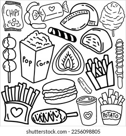 snack doodle art vector illustration. snack doodle set. suitable for sticker set, icon, logo, and graphic design element. food doodle