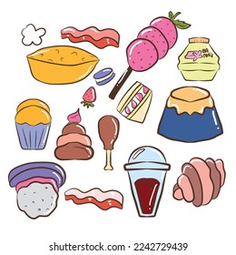 snack doodles. Colorful vector hand drawn Doodle cartoon set of objects and symbols on the fast food theme. Doodle Illustration 