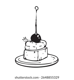 Snack desenho, cozinha restaurante, menu decoração com o cubo de queijo, pate ou creme e uma uva no topo, Stick lanche. Ilustração vetorial.