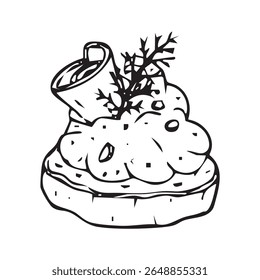 Desenho de lanche, cozinha de restaurante, decoração de menu com o crouton e patê. Pequeno lanche de festa. Ilustração vetorial.