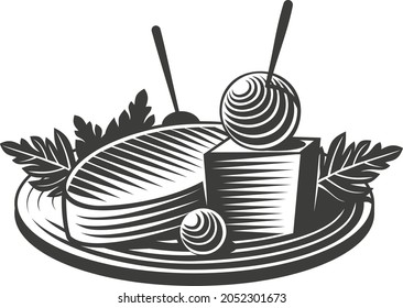 Snack. Drawing in vintage style. Icon for the restaurant menu. Black and white drawing, imitation of engraving.
Can be used as an illustration in a restaurant menu. 