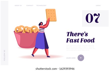 Snack, Fast Food with High Level of Carb Website Landing Page. Woman Carry Huge Cookie Cracker Passing by Bowl with Pretzels. High-Calorie Nutrition Web Page Banner. Cartoon Flat Vector Illustration