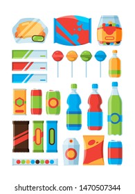 Snack fast food. Soda drinks chips nuts chocolate bars vendor machine products vector pictures. Illustration of product retail, drink and snacking, packaging fast food, chocolate and cracker
