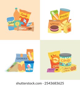 snack. fast food trash snack products biscuits chocolate bars crisps soda drinks KW vector flat illustrations