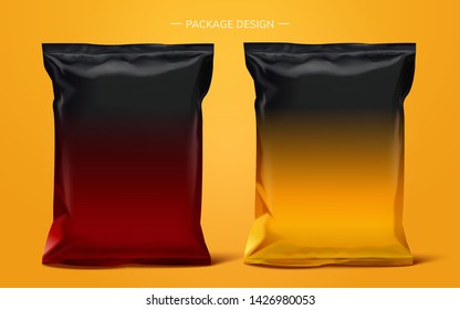 Snack foil bag package design on yellow background, 3d illustration