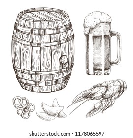Snack food for beer and wooden alcohol storage isolated on white drawing, vector illustration of oak cask with metal elements and glass of foamy ale