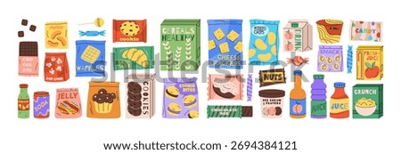 Snack food. Chocolate package. Candy wrap. Vending machine merchandise. Bar packaging. Groceries in bags. Cookie packet. Drink can. Tasty fastfood. Sweet brand wrappers. Vector garish containers set