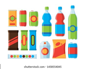 Snack food. Cookies crackers carbonated drinks chocolate bars juice vector flat illustrations. Illustration of packaging sachet snack