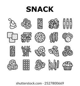 lanche comida bebida doce ícones definir vetor. pão de refeição, carne de almoço, batatas fritas, noz, biscoito, bolo de arroz, fatia de fruta, pipoca lanche comida bebida doce contorno preto ilustrações