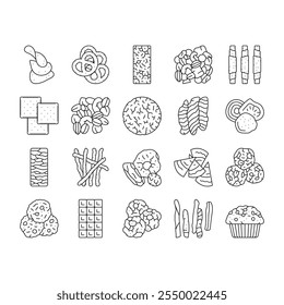 snack food drink sweet icons set vector. meal bread, lunch meat, chips, nut, cracker, rice cake, fruit slice, popcorn snack food drink sweet black contour illustrations